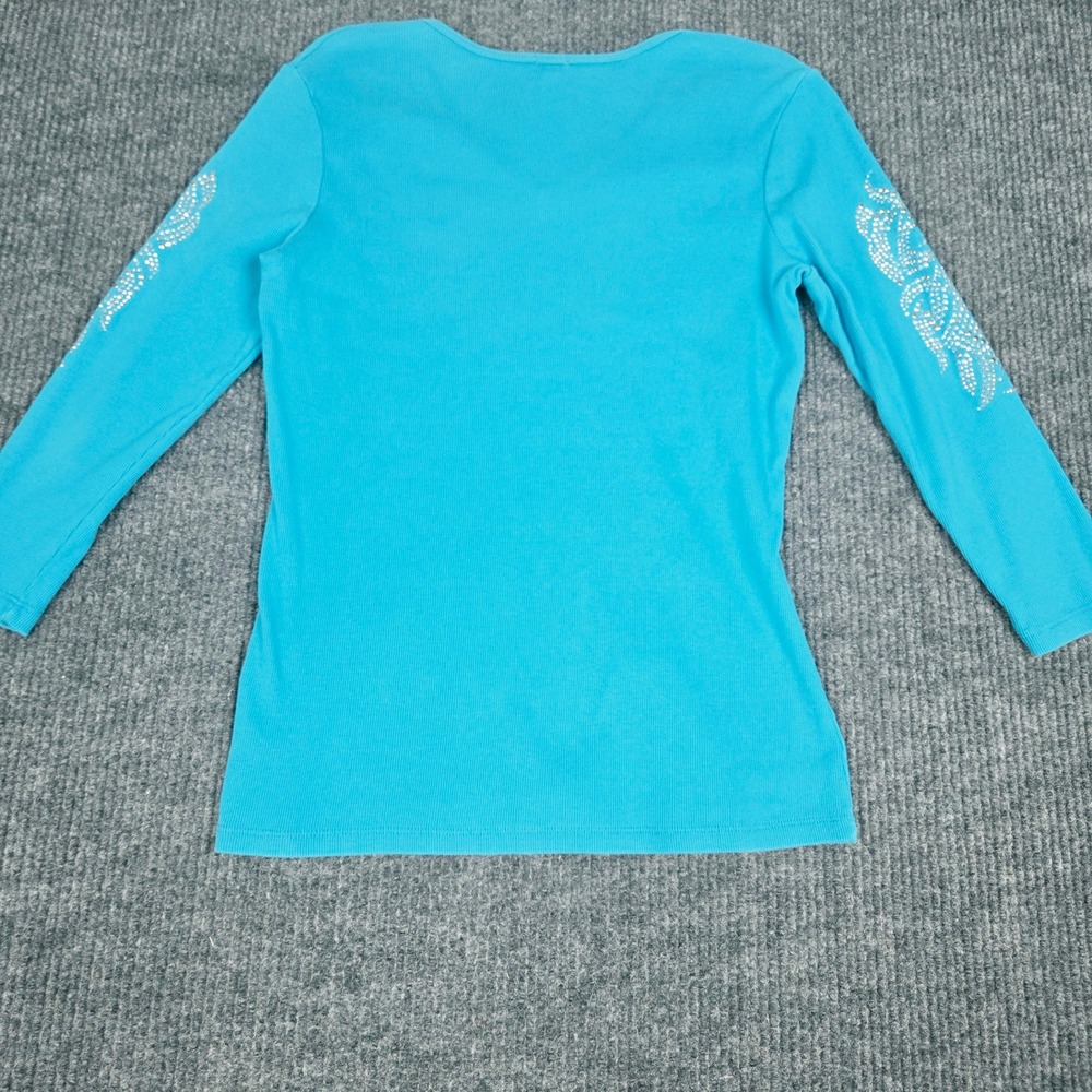 Reba Womens Turquoise Rhinestone Fleur De Lis Ribbed V-Neck Top Large USA Made